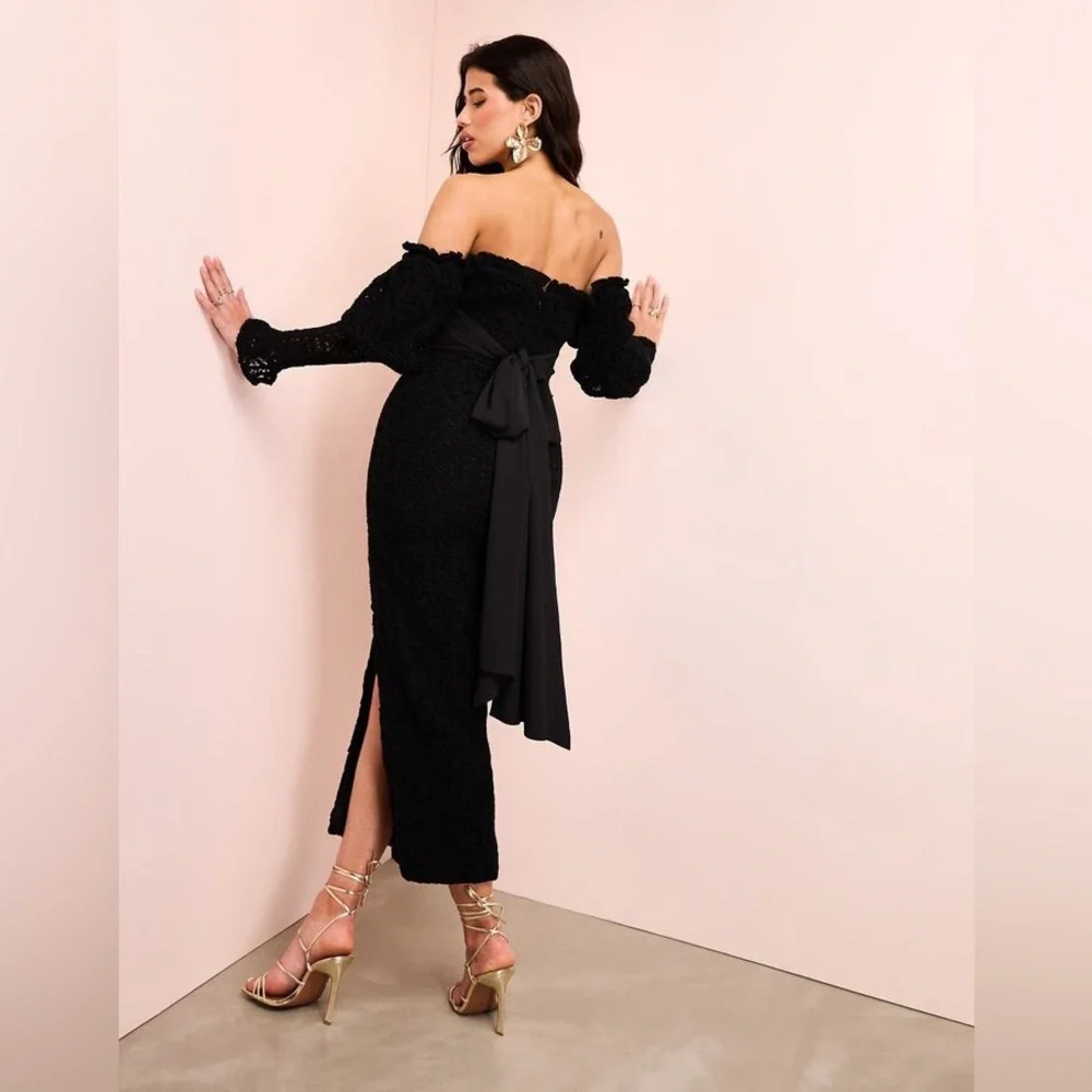 ASOS NWT Black Romantic Victorian Off Shoulder Crochet Bow Cotton Midi Dress - Picture 2 of 4